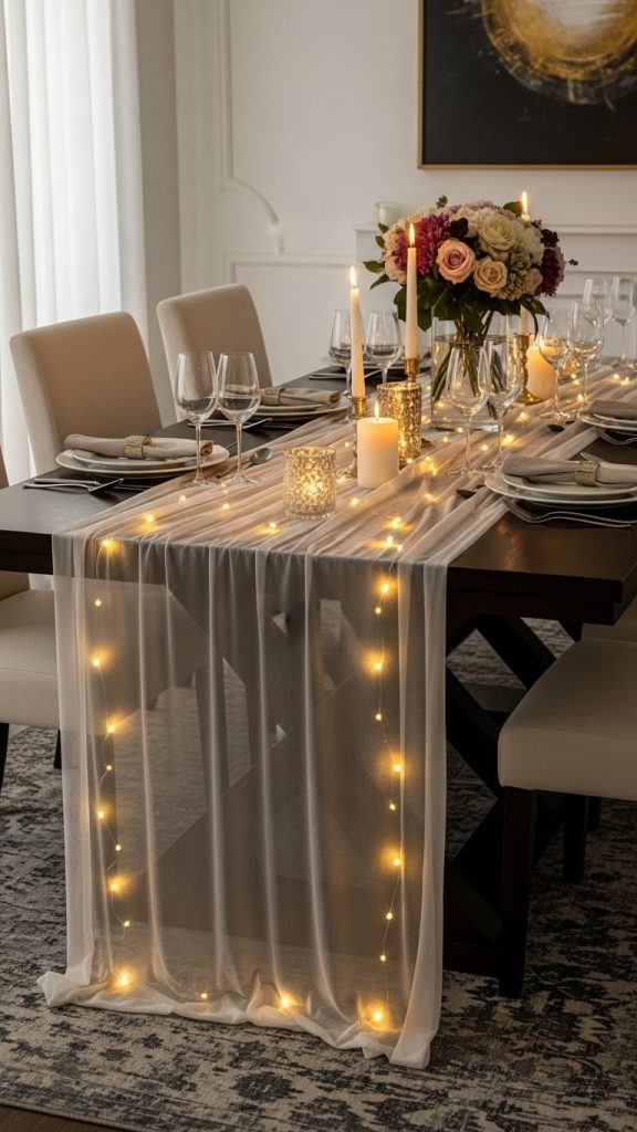 Elegant New Years Eve Table using a sheer piece of fabric and elegant fairy lights