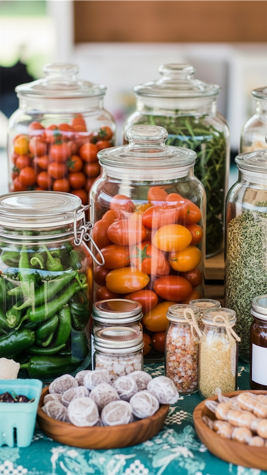 vegetables in mason jars on farmers market stand