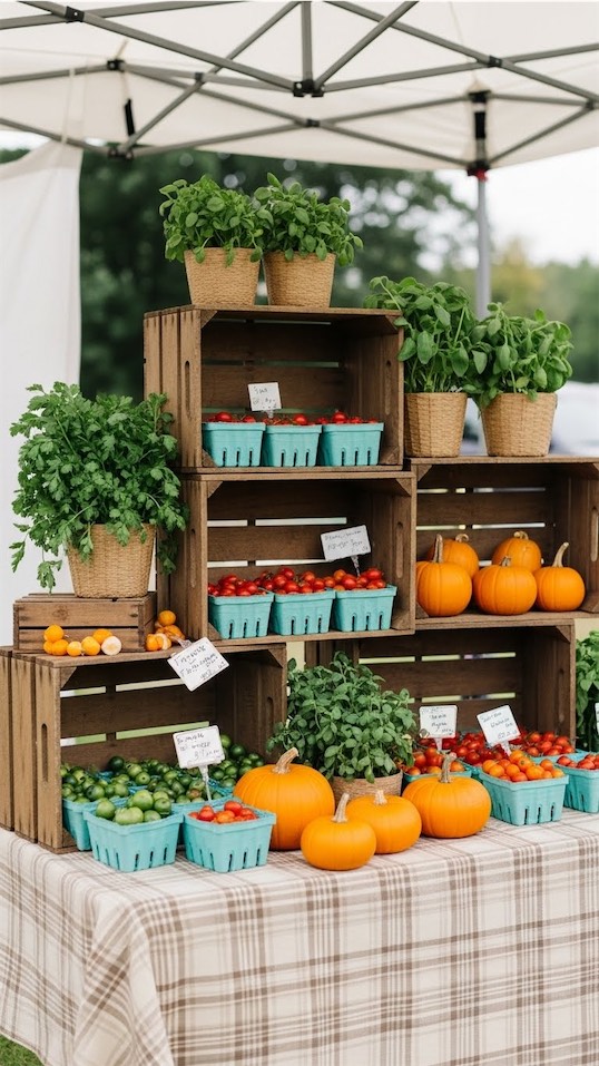 crates to help cretae a tiered display at the farmers market