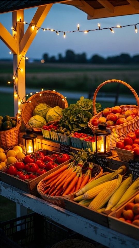 Farmers Market Display at night with LED lights
