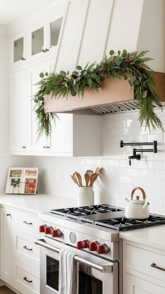 Simple green garland hanging on kitchen cooker hood for christmas in farmhouse kutchen 