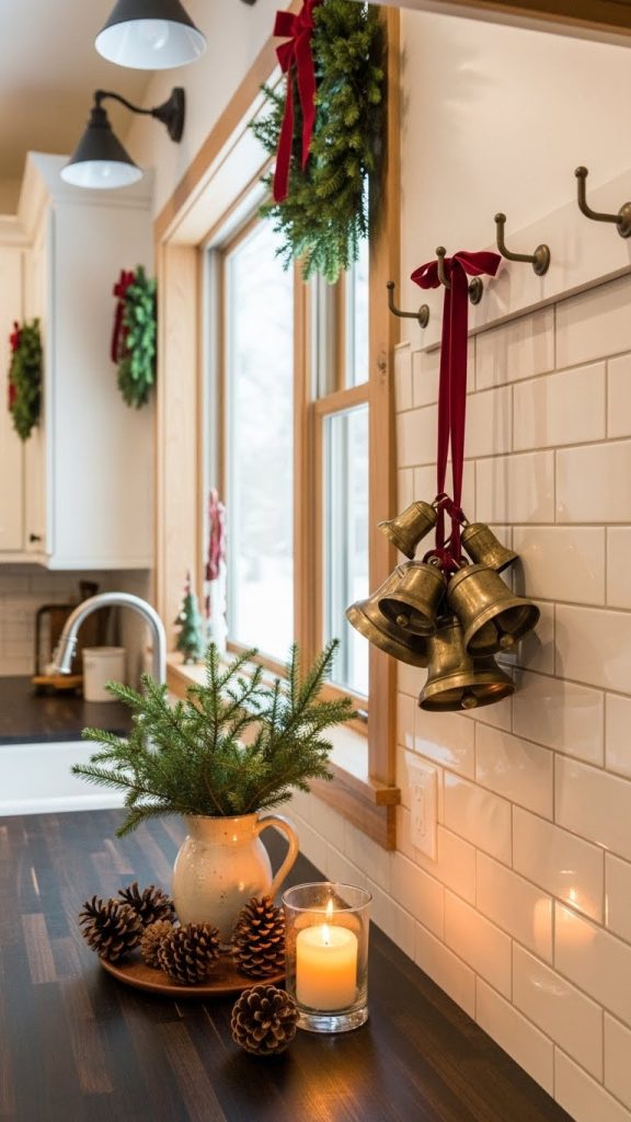 brass bells hanging from pegboard in a farmhouse kitchen for christmas
