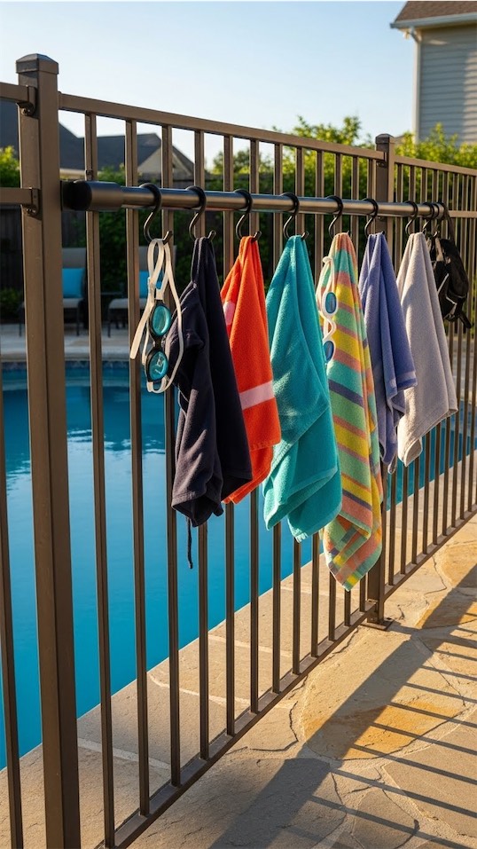 S hook Pool Towel Rack on metal fence next to pool