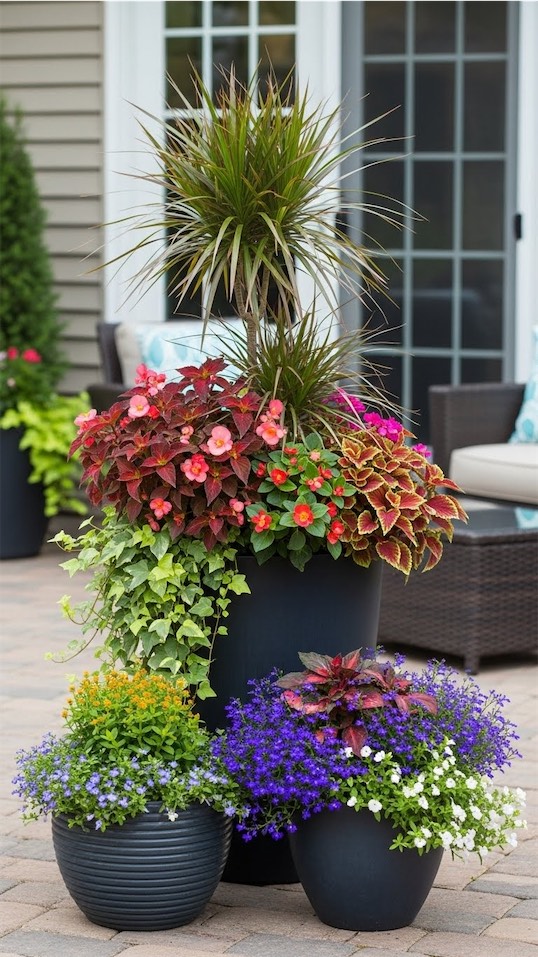 trailing plants planted in black planters on a patio in garden
