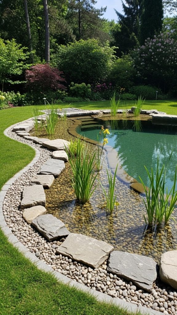natural swimming pool with a natural edge of stones and freshwater plants