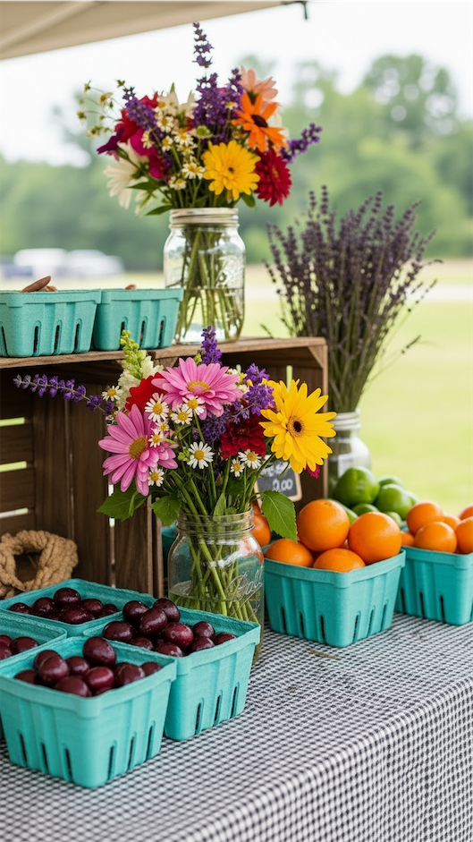 bouquets of flowers in jars brighten up a farmers market stand