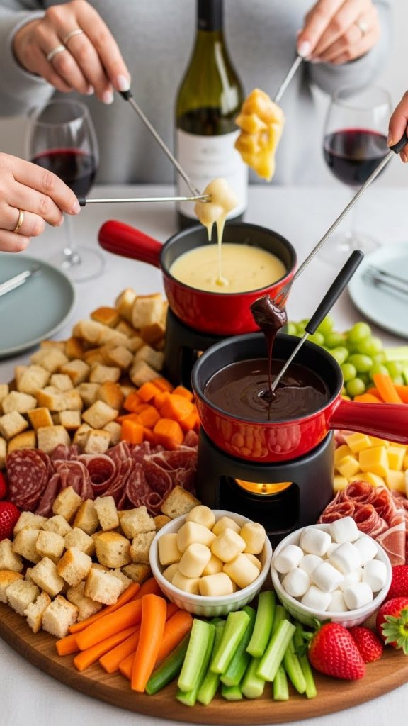 Cheese and chocolate fondue charcuterie board for New Year