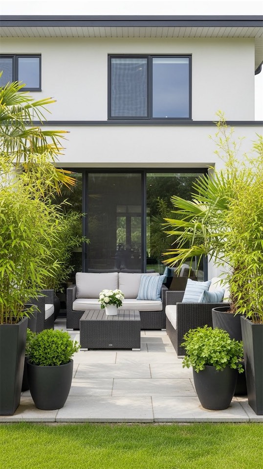 back patio of a modern home with tall green planters.