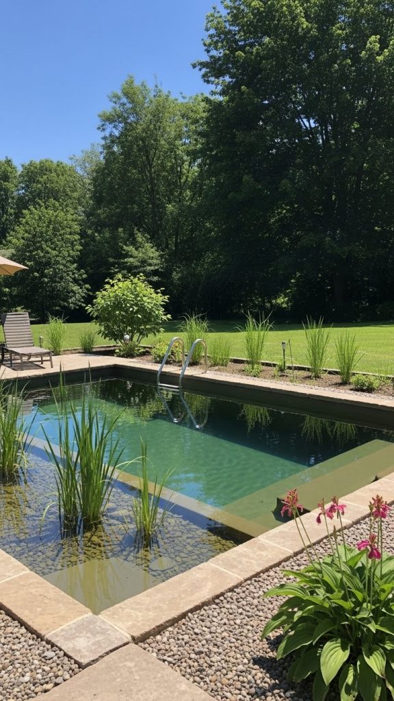 a Freshwater DIY Pool in a sunny spot of a backyard garden