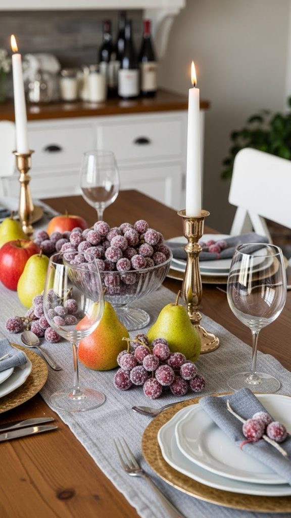 Fruit dusted in icing sugar to give a glittery effect and used as centrepieces