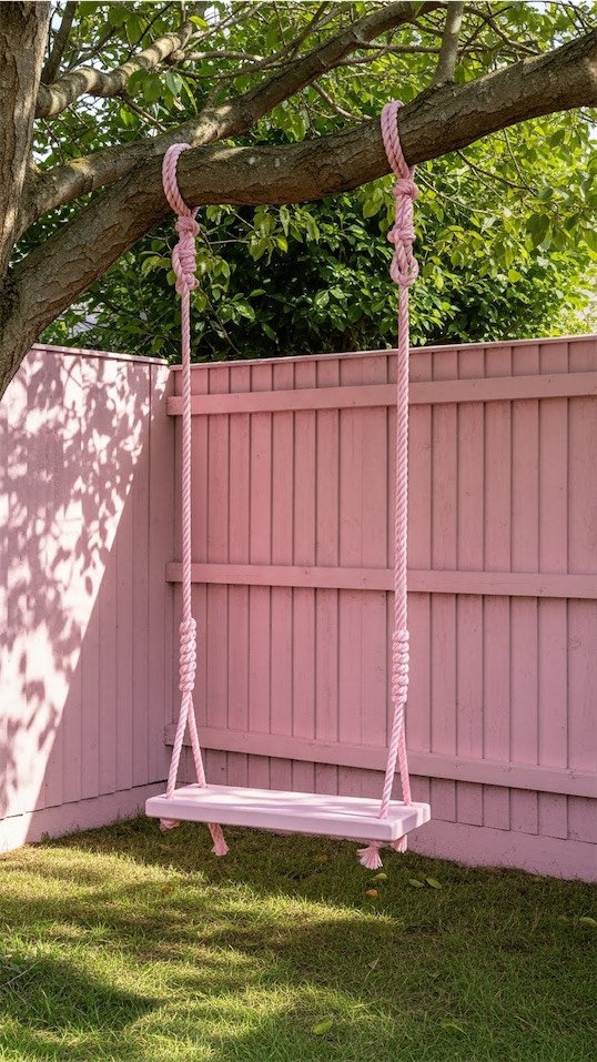pink tree swing that matches the pink color of the fence