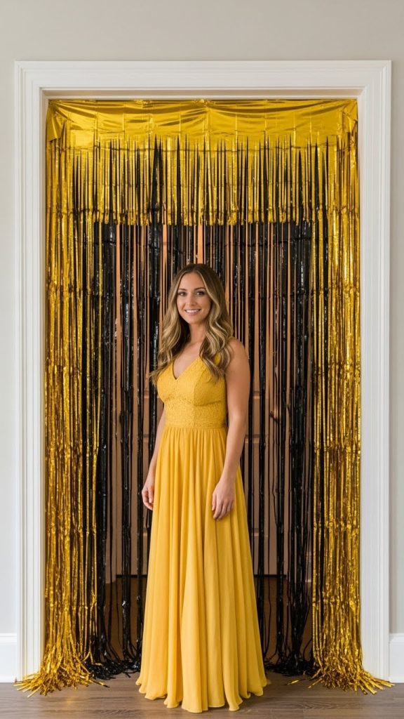 black and gold metallic curtain hanging from door frame for nye