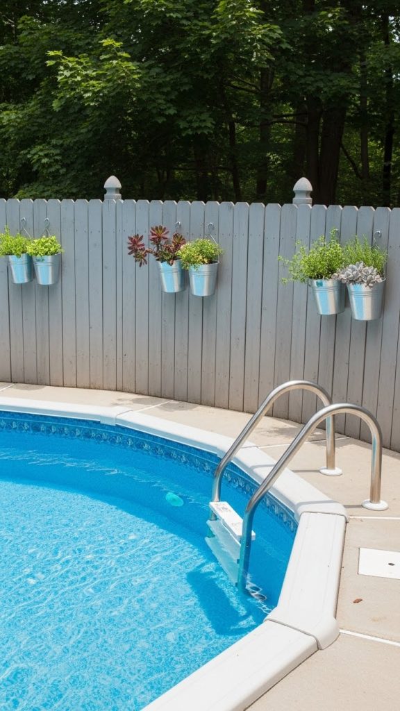 metal planters on fence next to a pool