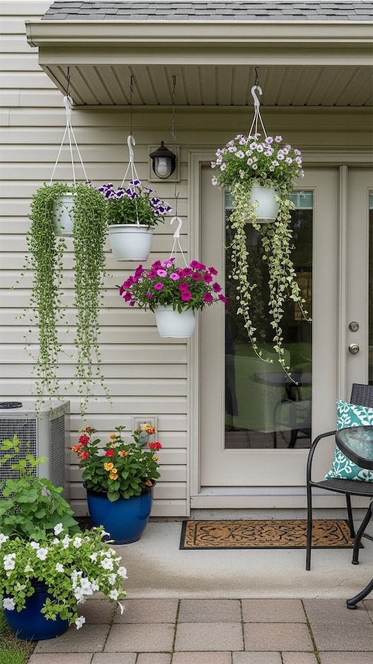 hanging planters from back porch and above patio area
