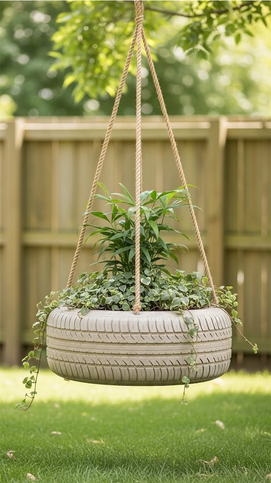 hanging tire planter from tree
