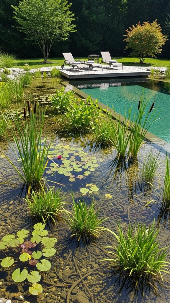 hardy aquatic plants on the side of a freshwater pool as a regeneration area