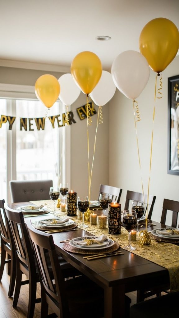 gold and white helium balloons on a New Year’s Eve Dining Table