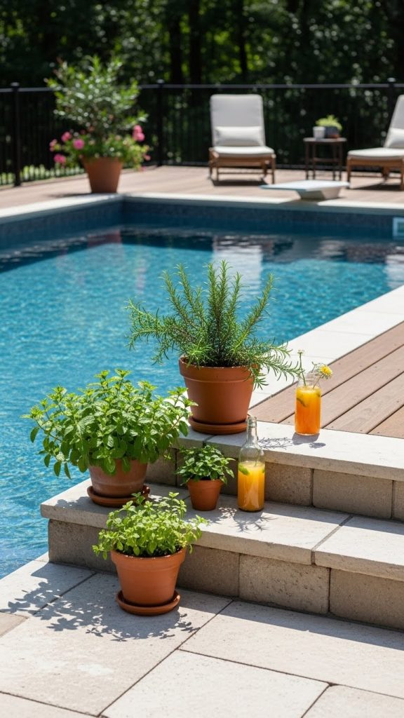 planters with herbs next to pool