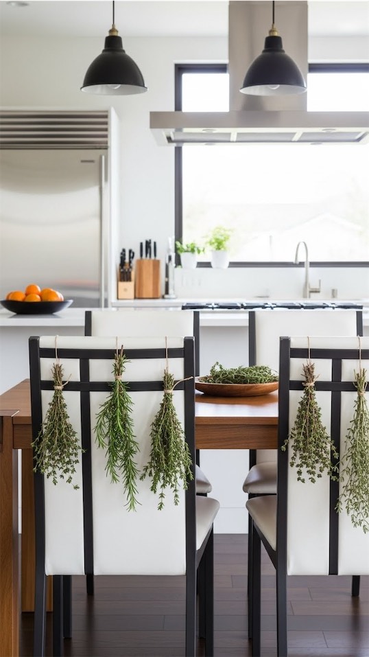 herbs drying on backs of kitchen chairs