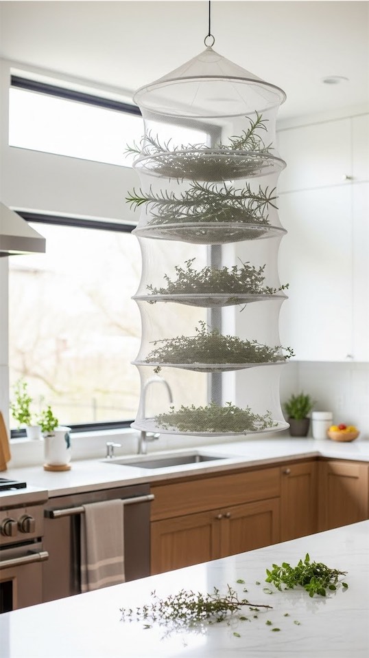 mesh dryer hanging from ceiling in the kitchen