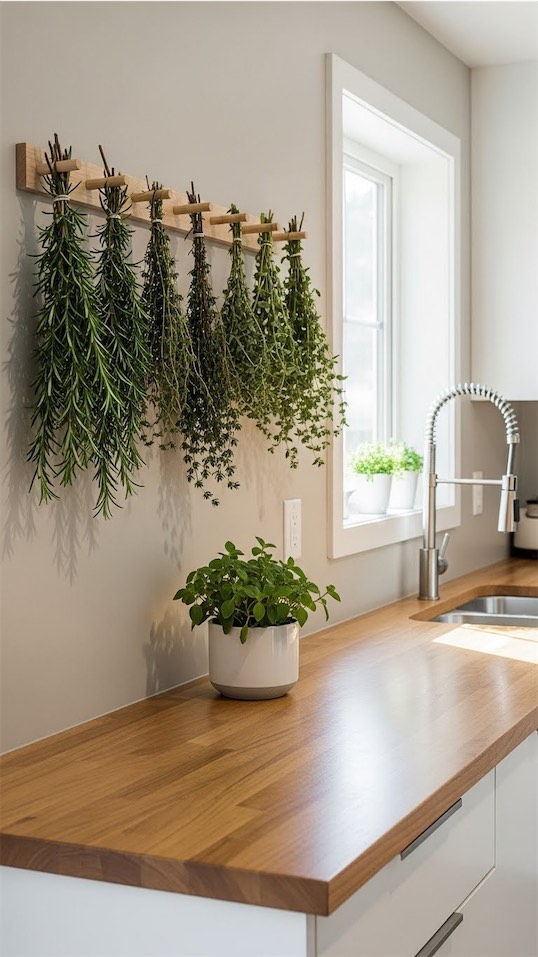 pegboard on the kitchen wall with herbs drying