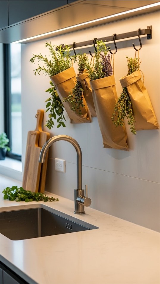 herbs in paper bags hanging up on kitchen hooks