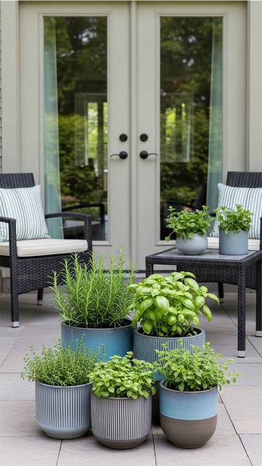Container Gardening on Patio with different herbs for an edible garden