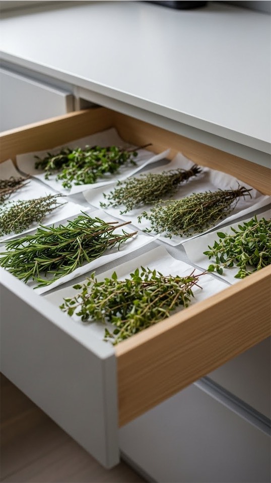 parchment paper in drawer with herbs drying
