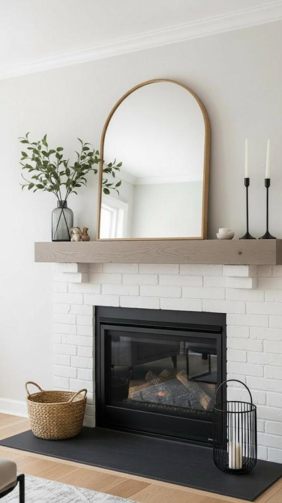Minimal decor on a white brick fireplace mantle