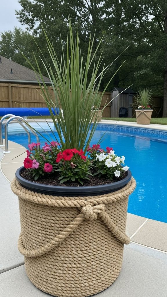 Plastic planter wrapped in jute rope to give a coastal vibe