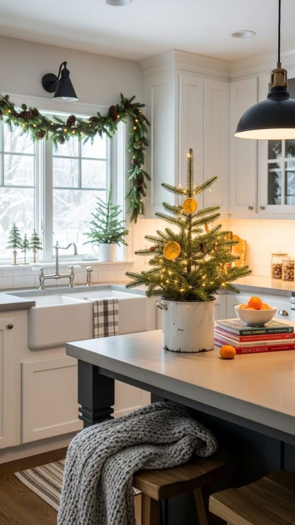 simple small Christmas tree on a kitchen island in a modern farmhouse kitchen 