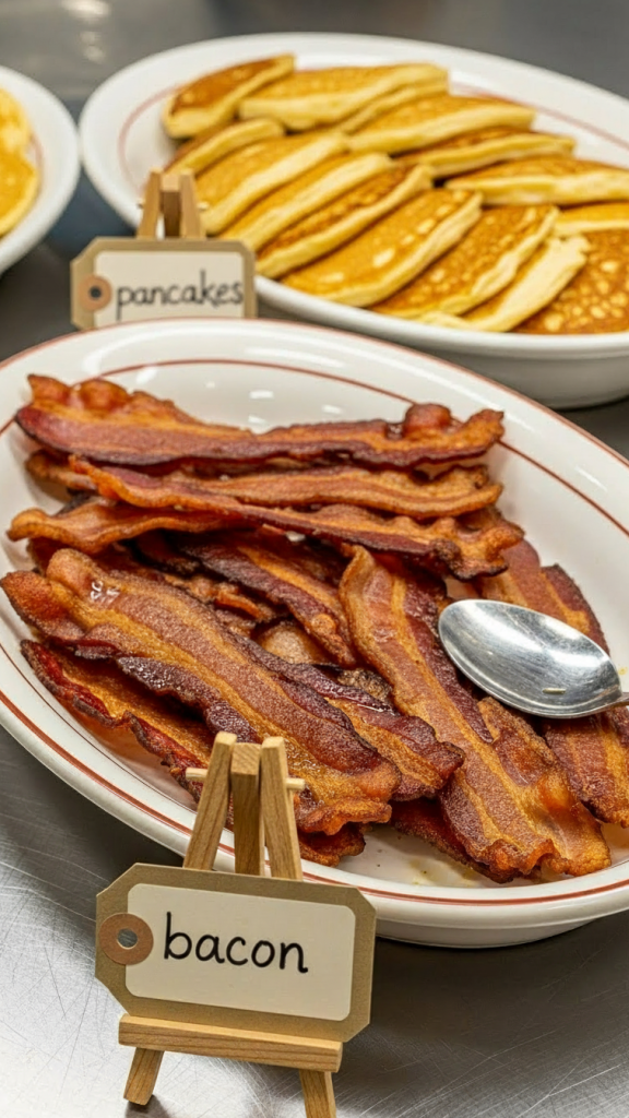 White plates with bacon and pancakes labelled with mini wooden signs