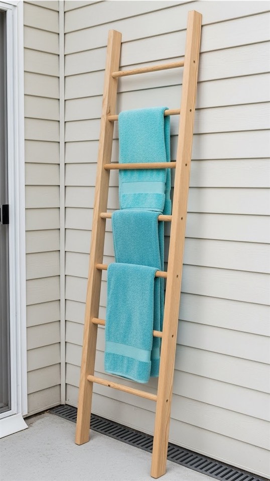 rustic ladder leaning against wall holding towels