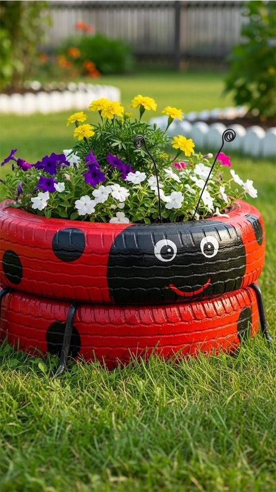tire planter painted like a ladybug