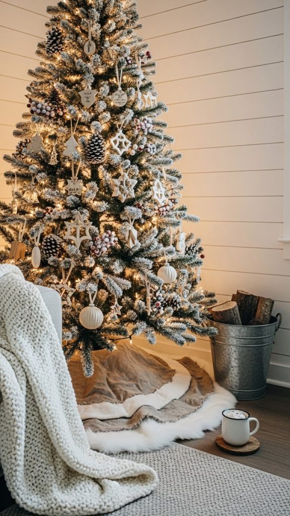 white modern christmas tree in farmhouse with layered christmas tree base 