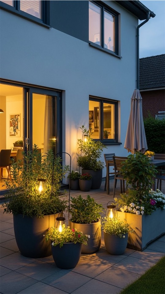 Container Gardening on Patio with solar powered lights