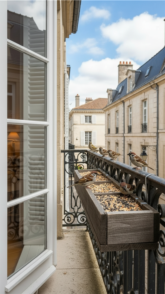 long narrow bird feeding station on french balcony bird feeding station