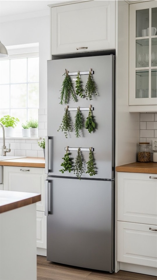 metal strips on fridge with herbs drying in kitchen