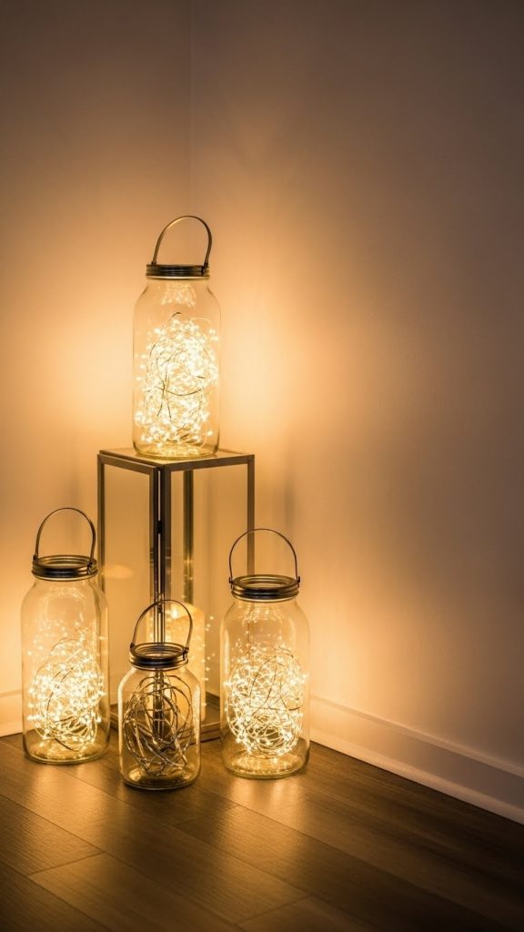 mason jars full of fairy lights in a corner as a selfie spot on new years eve