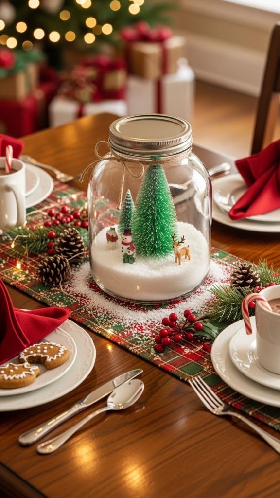 Mason jar with faux snow and mini christmas tree 