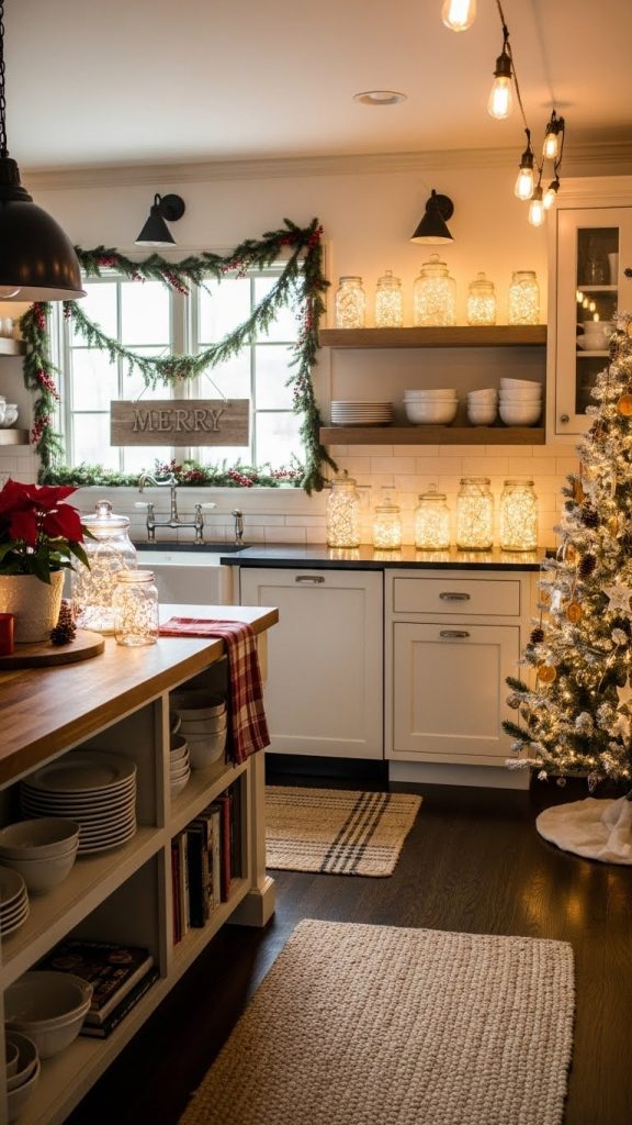 mason jars filled with twinkle lights in a farmhouse kitchen for christmas