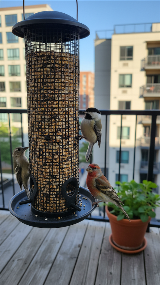 mesh bird feeder hanging from balcony
