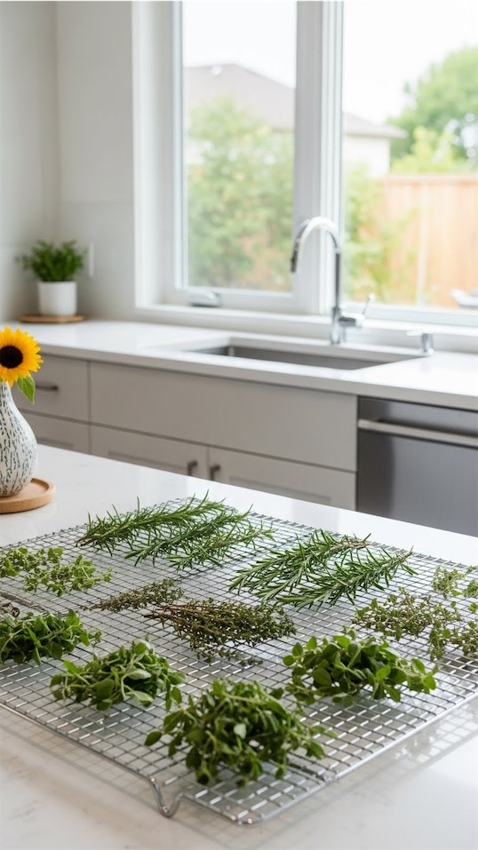 herbs drying on a metal mesh rack