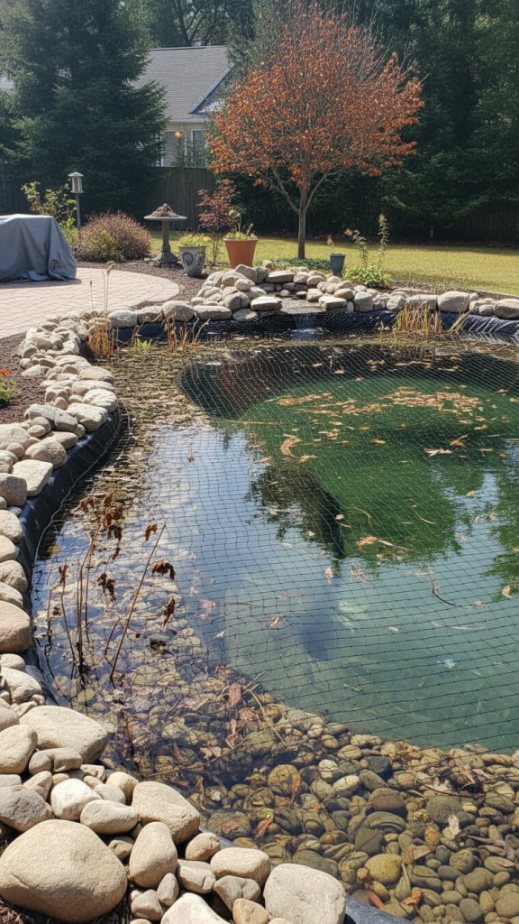 Freshwater DIY Pool with a mesh cover which prevents leaves, bugs and more from getting stuck at the bottom of the pool