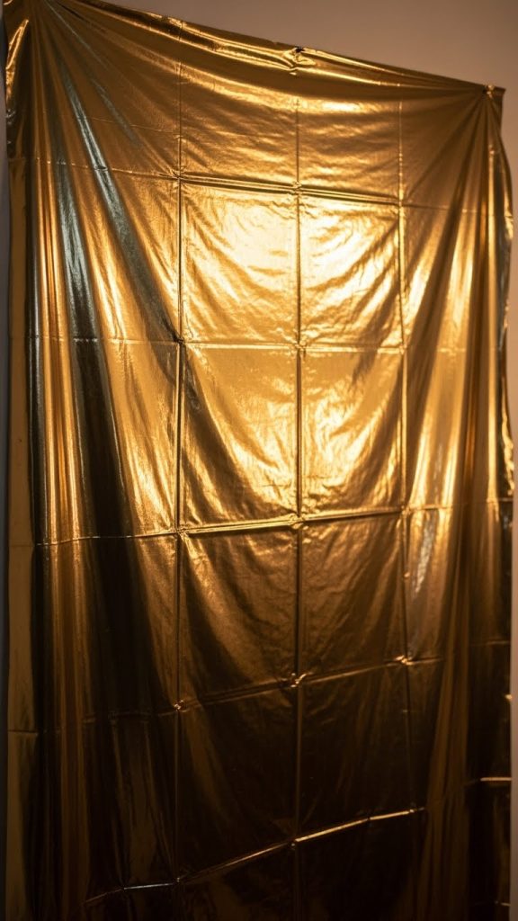 Silver metallic table cloth stuck to wall for photos