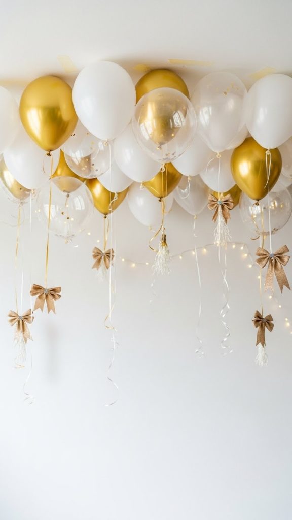 White, gold and clear balloons near ceiling for photos