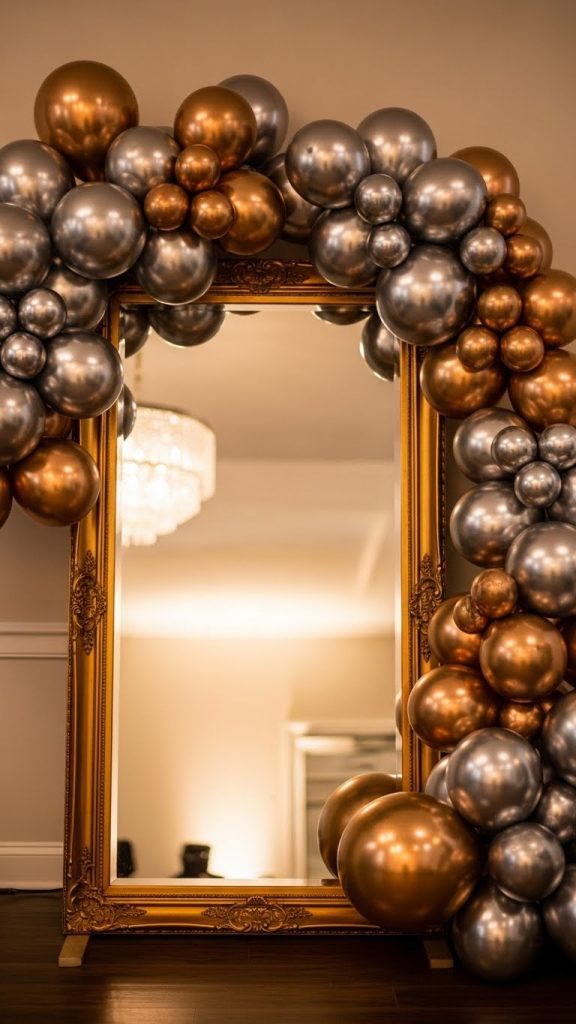 Large gold mirror with metallic balloons