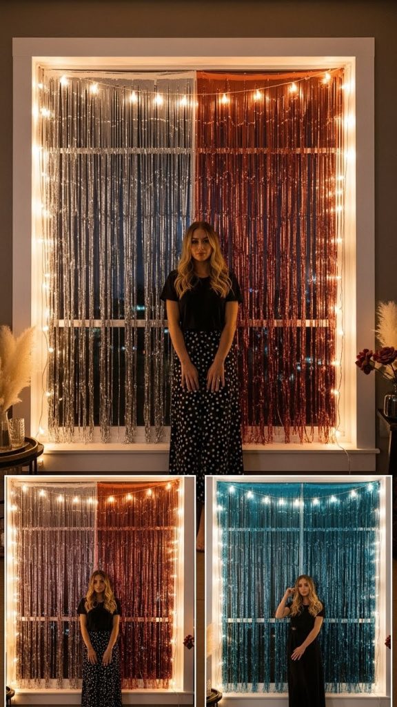 metallic curtain hanging in front of window as a NYE Backdrop