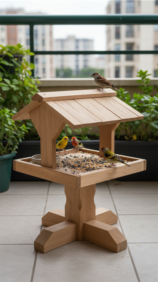 bird feeding station on apartment balcony floor
