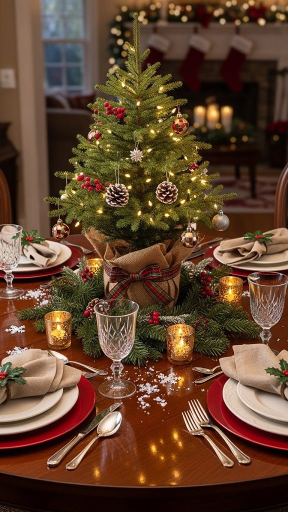 mini christmas tree used as a table centerpiece on a round dining room table